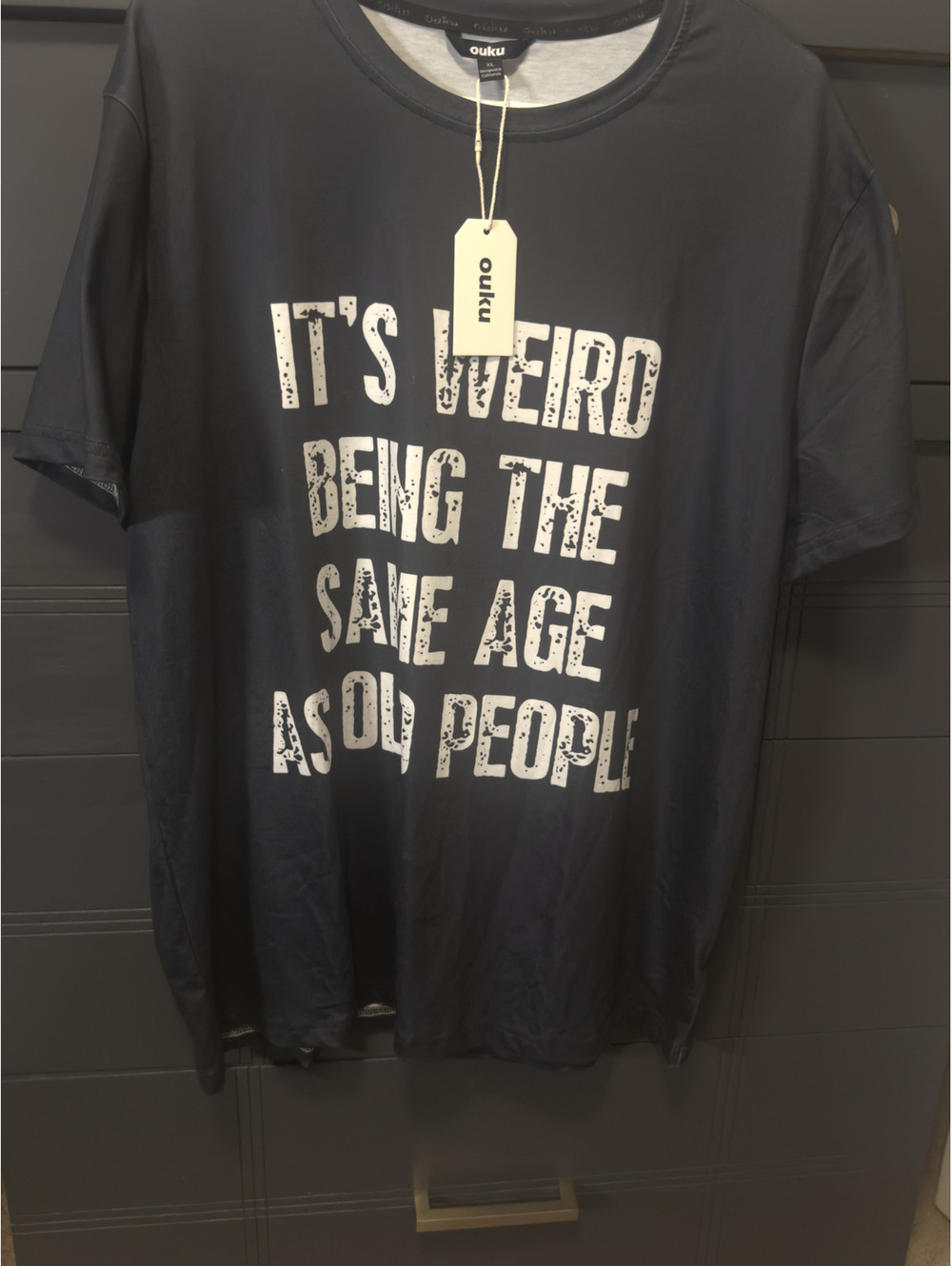 Ouku XL Black Graphic T-Shirt with 'It's Weird Being The Same Age As Old People'